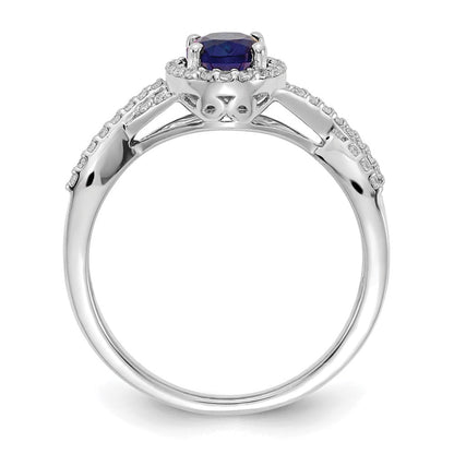 14K Weißgold Ring mit 0,2 ct. im Labor gezüchteten Diamanten VS/SI+ G+ und im Labor gezüchtetem blauen Saphir, oval, Halo-Fassung