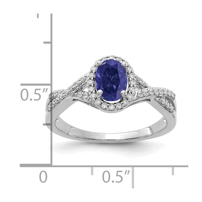14K Weißgold Ring mit 0,2 ct. im Labor gezüchteten Diamanten VS/SI+ G+ und im Labor gezüchtetem blauen Saphir, oval, Halo-Fassung