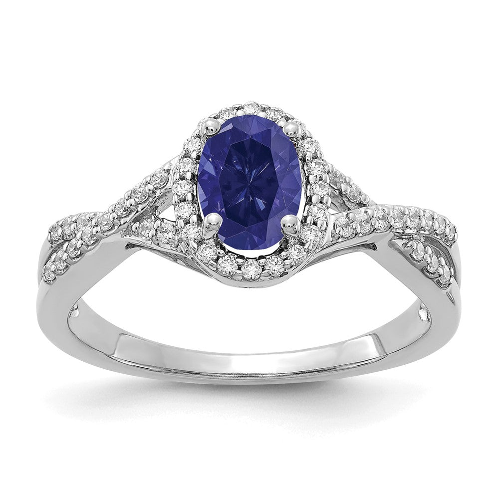 14K Weißgold Ring mit 0,2 ct. im Labor gezüchteten Diamanten VS/SI+ G+ und im Labor gezüchtetem blauen Saphir, oval, Halo-Fassung