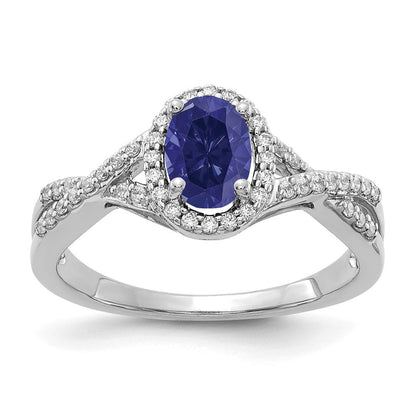 14K Weißgold Ring mit 0,2 ct. im Labor gezüchteten Diamanten VS/SI+ G+ und im Labor gezüchtetem blauen Saphir, oval, Halo-Fassung