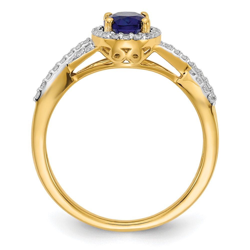 14K Gelbgold Ring mit 0,2 ct. im Labor gezüchteten Diamanten VS/SI+ G+ und im Labor gezüchteten blauen Saphiren im Oval-Halo-Design