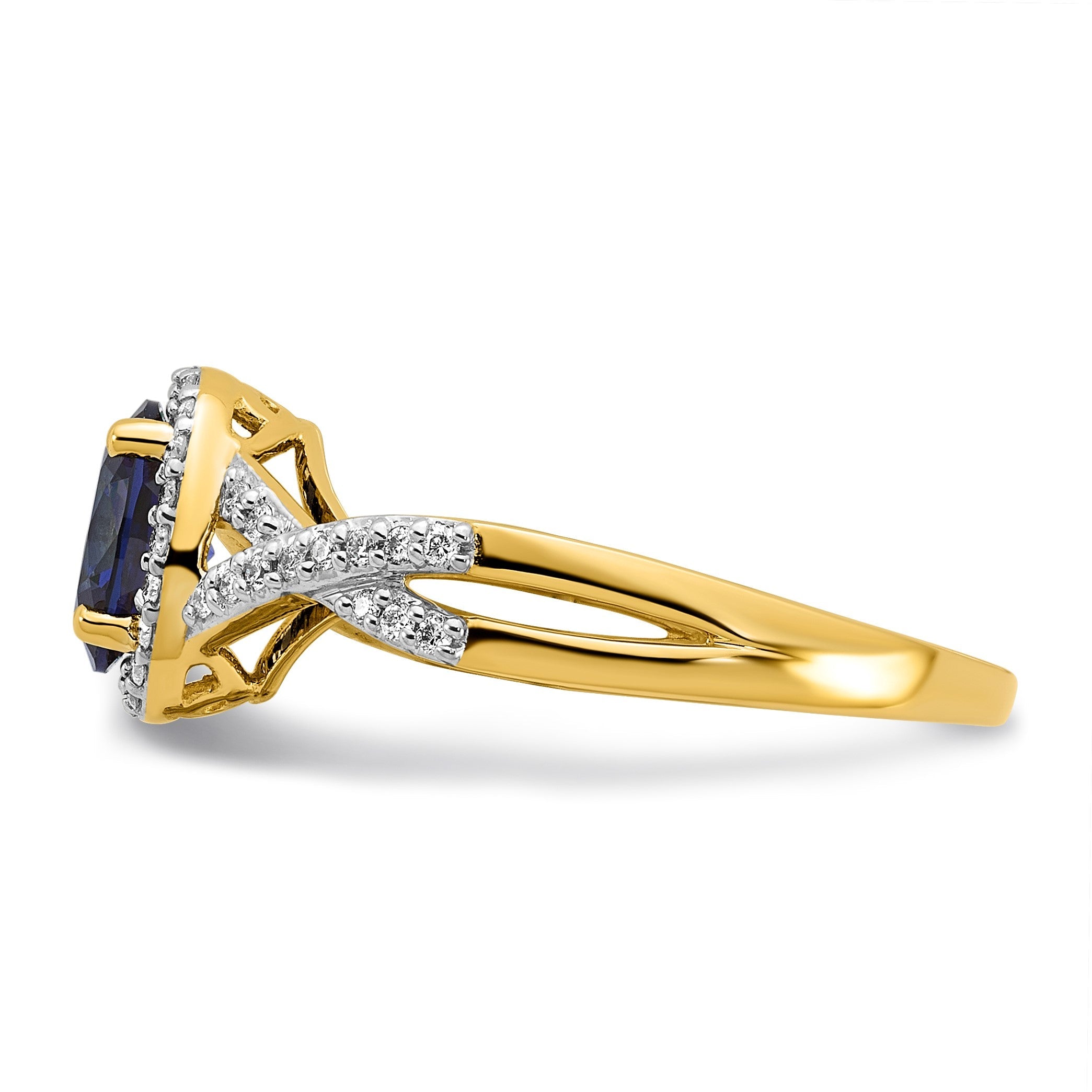 14K Gelbgold Ring mit 0,2 ct. im Labor gezüchteten Diamanten VS/SI+ G+ und im Labor gezüchteten blauen Saphiren im Oval-Halo-Design
