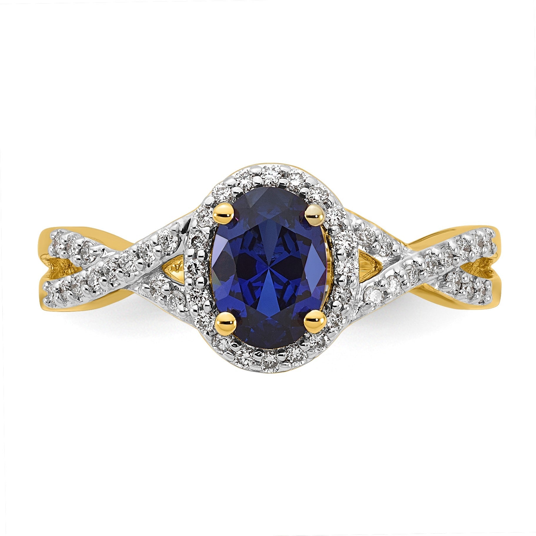 14K Gelbgold Ring mit 0,2 ct. im Labor gezüchteten Diamanten VS/SI+ G+ und im Labor gezüchteten blauen Saphiren im Oval-Halo-Design