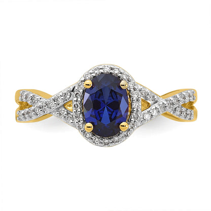 14K Gelbgold Ring mit 0,2 ct. im Labor gezüchteten Diamanten VS/SI+ G+ und im Labor gezüchteten blauen Saphiren im Oval-Halo-Design