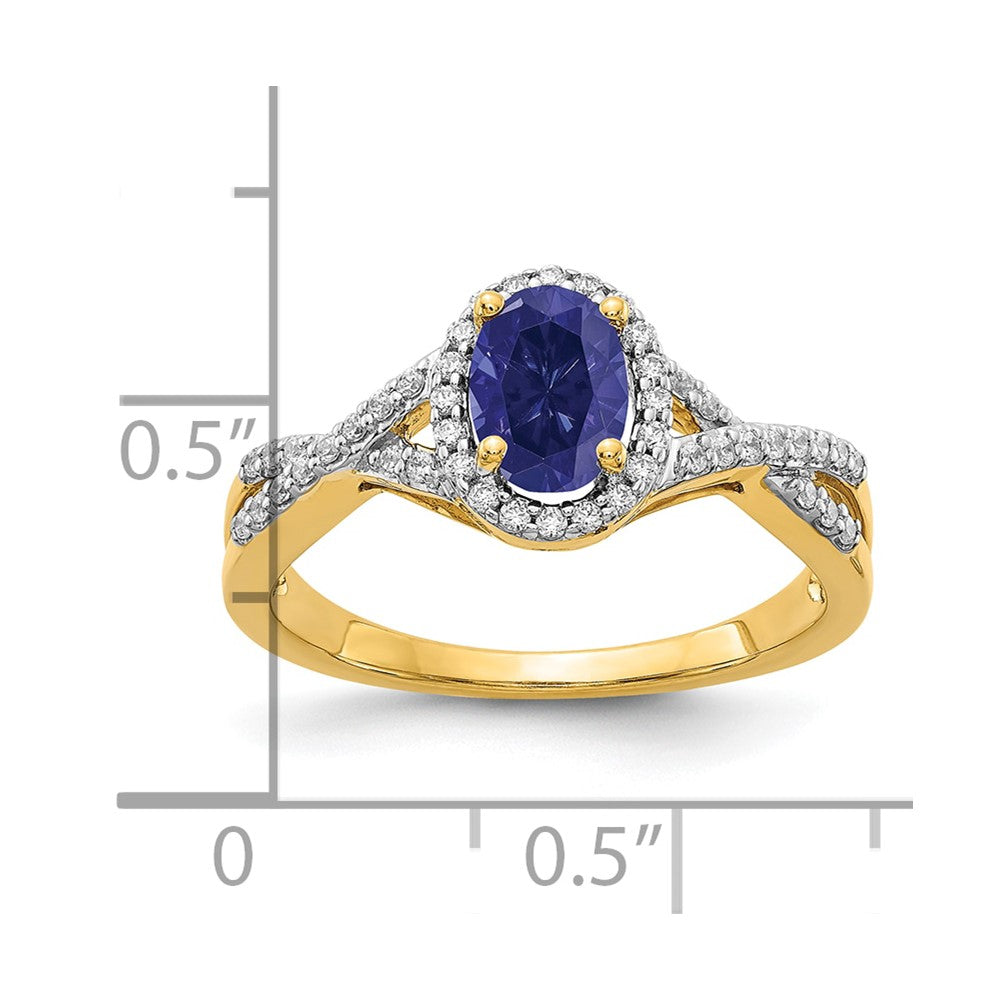 14K Gelbgold Ring mit 0,2 ct. im Labor gezüchteten Diamanten VS/SI+ G+ und im Labor gezüchteten blauen Saphiren im Oval-Halo-Design