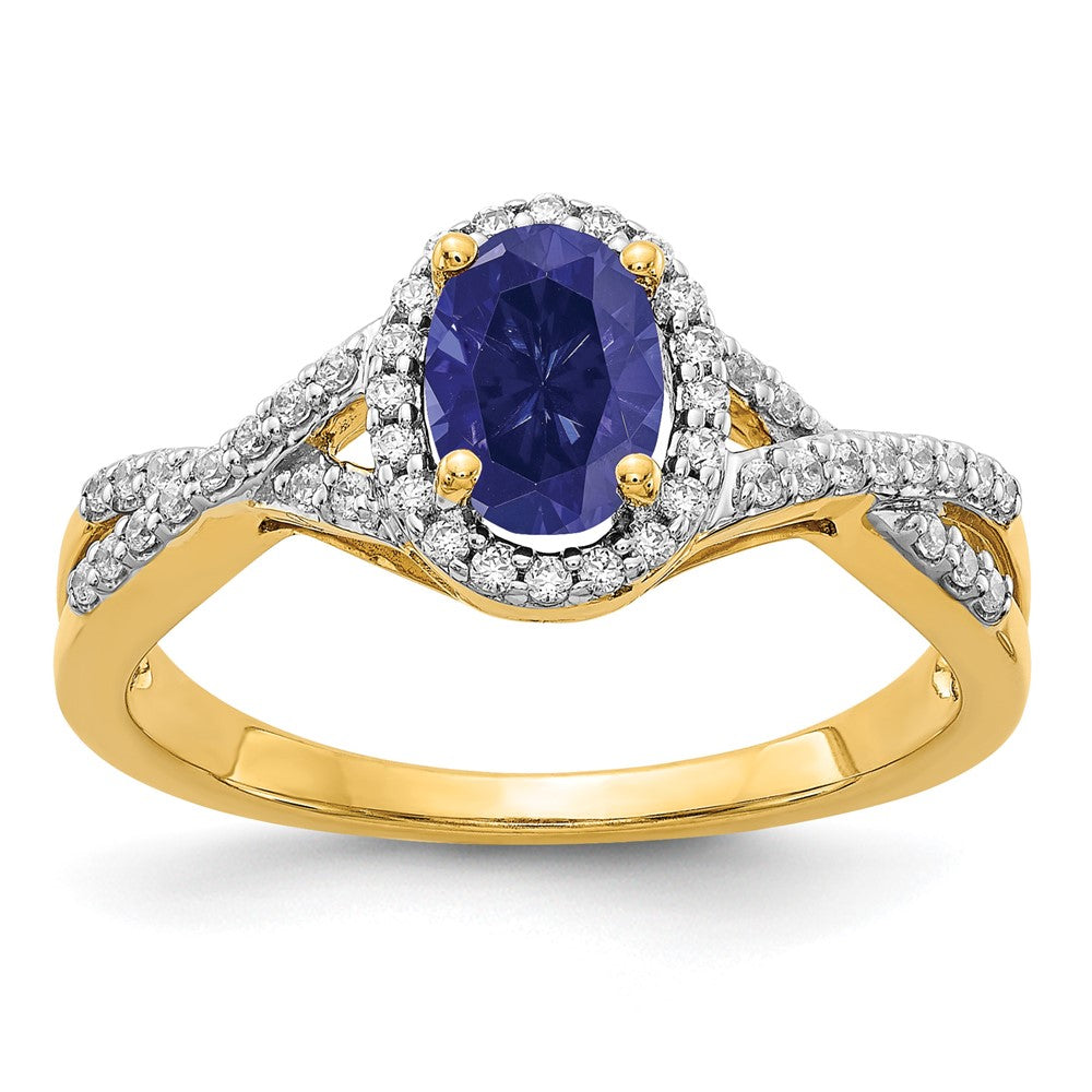 14K Gelbgold Ring mit 0,2 ct. im Labor gezüchteten Diamanten VS/SI+ G+ und im Labor gezüchteten blauen Saphiren im Oval-Halo-Design