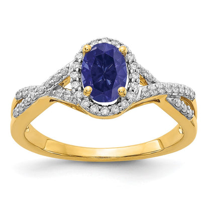 14K Gelbgold Ring mit 0,2 ct. im Labor gezüchteten Diamanten VS/SI+ G+ und im Labor gezüchteten blauen Saphiren im Oval-Halo-Design