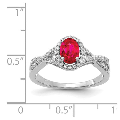 14K Weißgold Ring mit echtem Diamant und Rubin, oval, mit Halo-Fassung