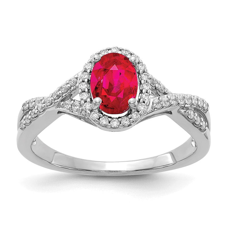14K Weißgold Ring mit natürlichem Rubin, oval, und Halo