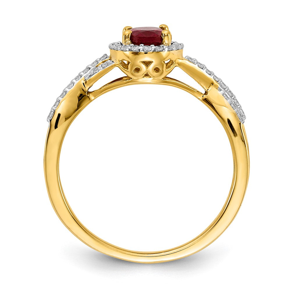 14K Gelbgold Ring mit echtem Diamant und Rubin, oval, Halo-Fassung