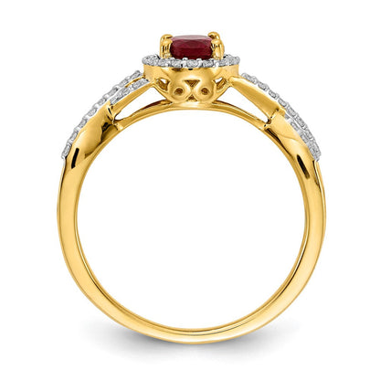 14K Gelbgold Ring mit echtem Diamant und Rubin, oval, Halo-Fassung