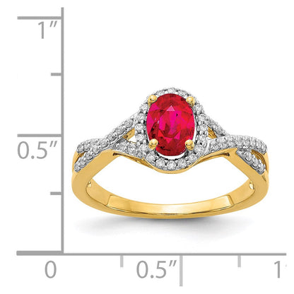 14K Gelbgold Ring mit echtem Diamant und Rubin, oval, Halo-Fassung