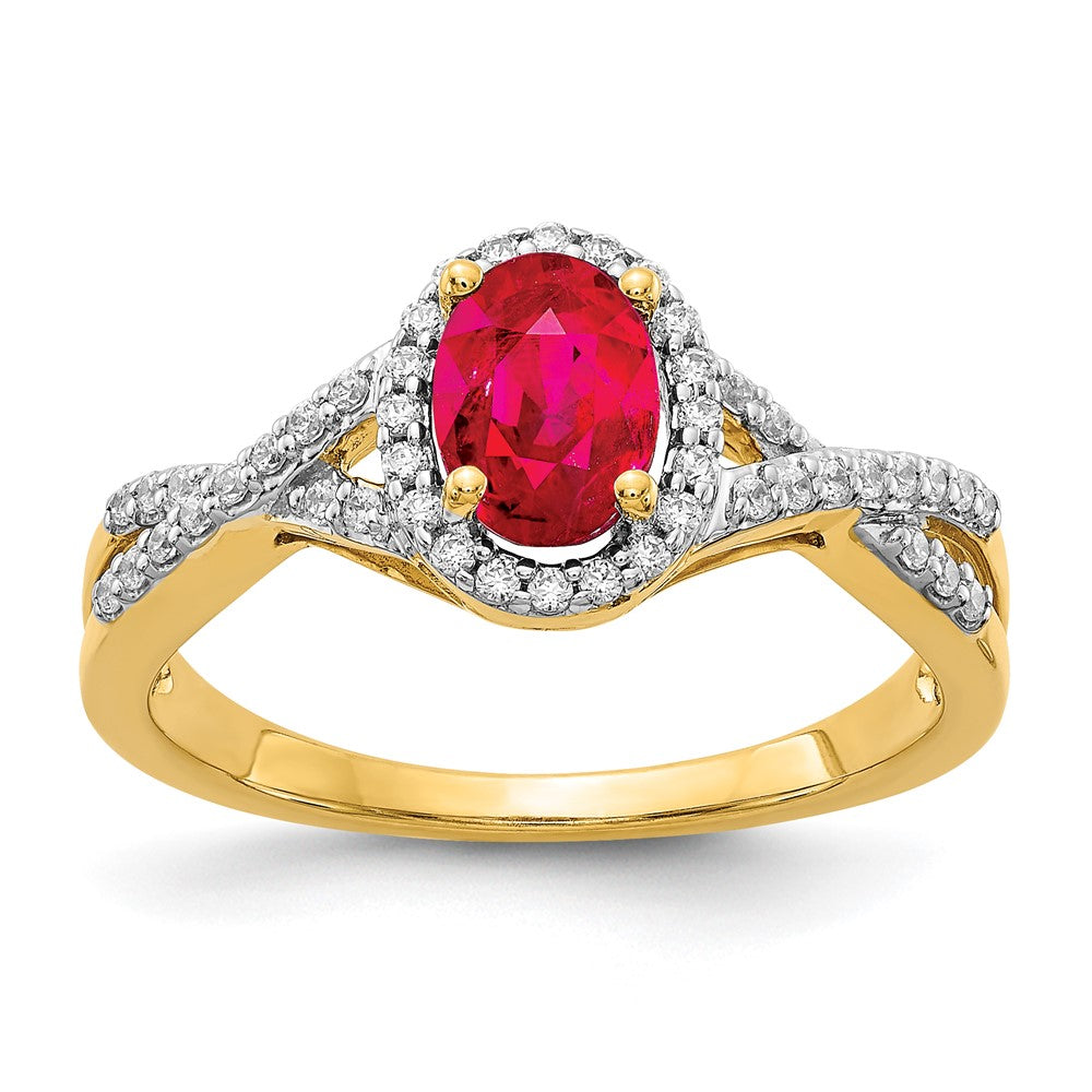 14K Gelbgold Ring mit echtem Diamant und Rubin, oval, Halo-Fassung