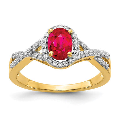 14K Gelbgold Ring mit echtem Diamant und Rubin, oval, Halo-Fassung