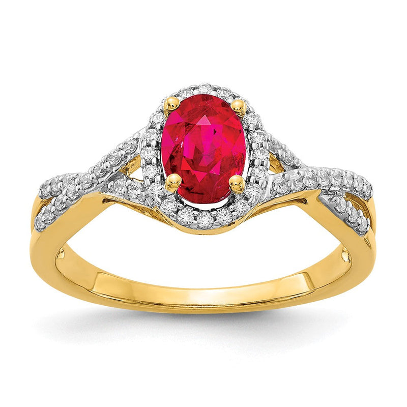 14K Gelbgold Ring mit natürlichem Rubin, oval, und Halo mit Diamanten