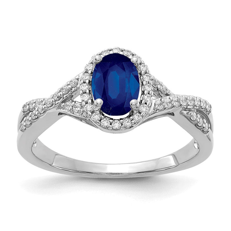 14K Weißgold-Ring mit natürlichem Saphir, oval, und Diamant, Halo
