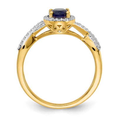 14K Gelbgold Ring mit echtem Diamant und Saphir, oval, mit Halo-Fassung