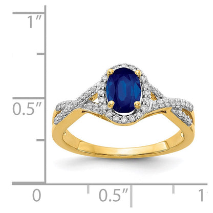 14K Gelbgold Ring mit echtem Diamant und Saphir, oval, mit Halo-Fassung