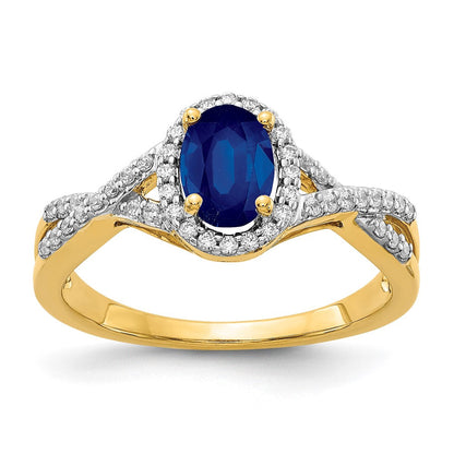 14K Gelbgold Ring mit echtem Diamant und Saphir, oval, mit Halo-Fassung