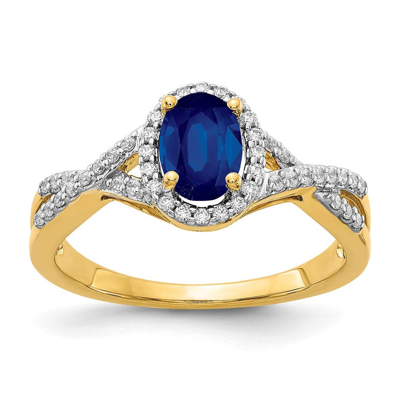 14K Gelbgold Ring mit natürlichem Saphir und Diamant im ovalen Halo-Design