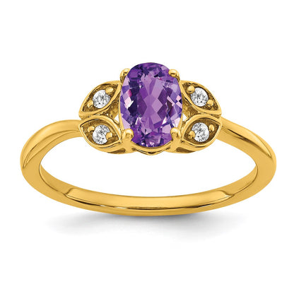 14K Gelbgold Ring mit Amethyst und echten Diamanten