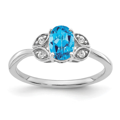 14K Weißgold Ring mit Blautopas und echtem Diamant