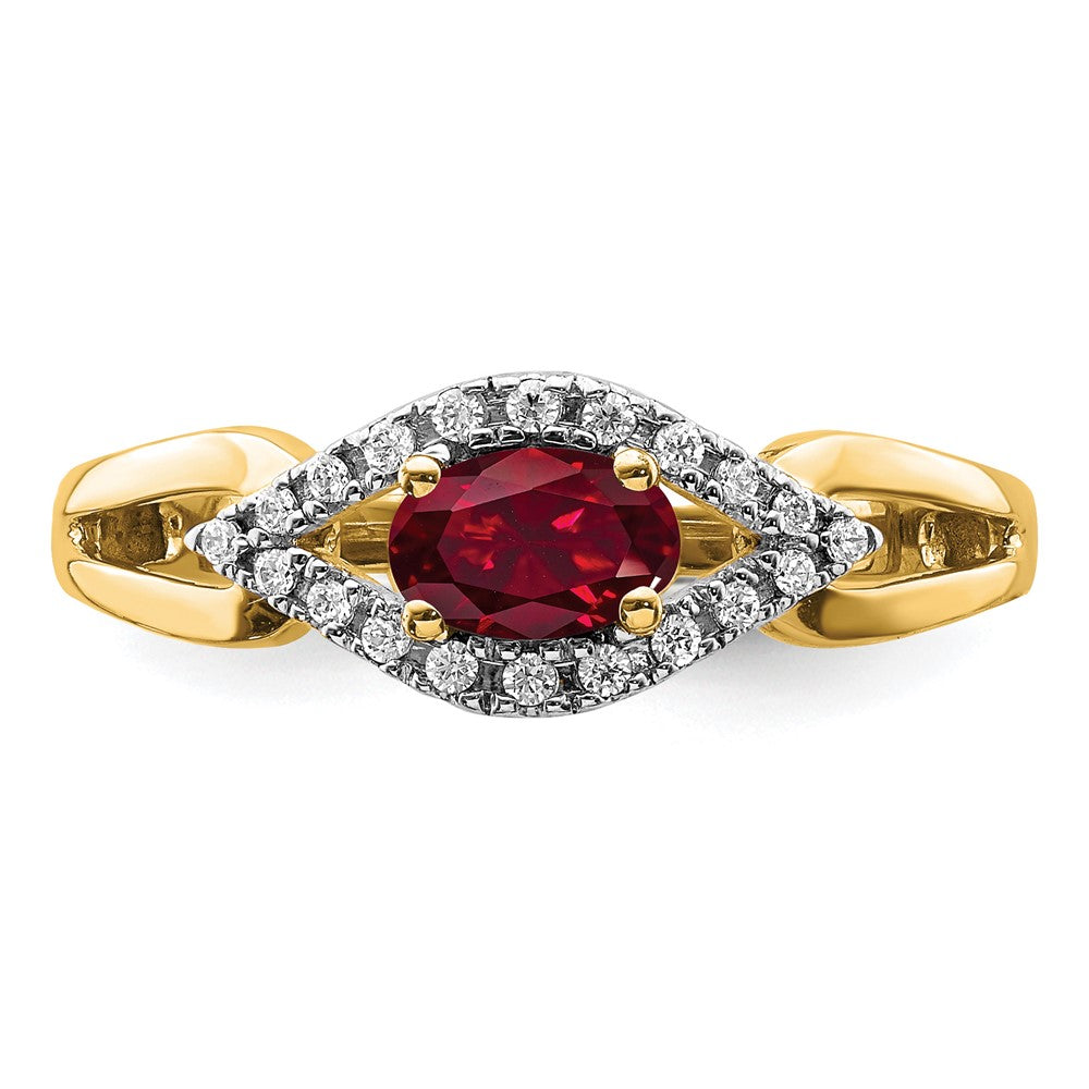 14K Gelbgold Ring mit 0,1 ct. laborgezüchtetem Diamant VS/SI+ G+ und laborgezüchtetem Rubin