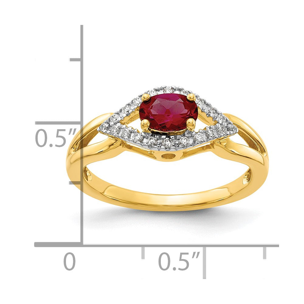 14K Gelbgold Ring mit 0,1 ct. laborgezüchtetem Diamant VS/SI+ G+ und laborgezüchtetem Rubin