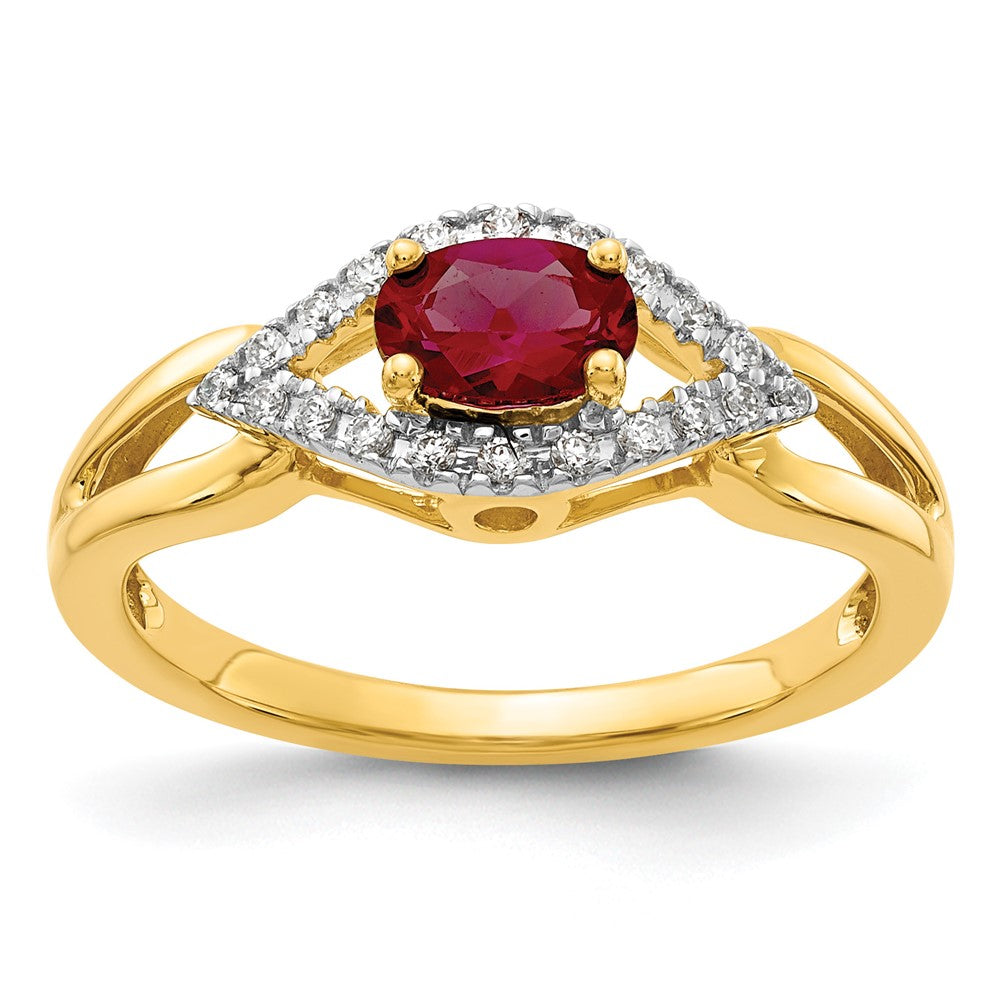 14K Gelbgold Ring mit 0,1 ct. laborgezüchtetem Diamant VS/SI+ G+ und laborgezüchtetem Rubin