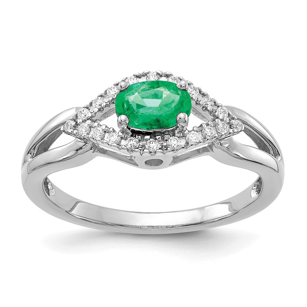 14K Weißgold Ring mit echten Diamanten und Smaragden
