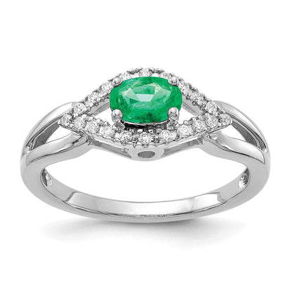 14K Weißgold Ring mit echten Diamanten und Smaragden