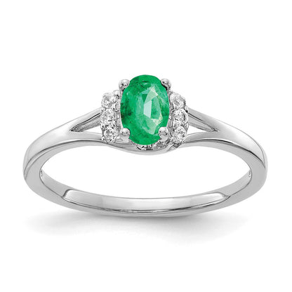 14K Weißgold Ring mit echtem Diamant und ovalem Smaragd