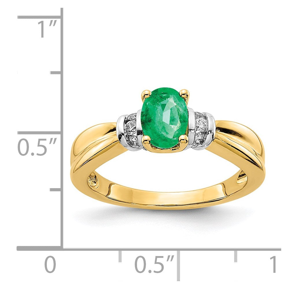 14K Gelbgold Ring mit rhodiniertem echten Diamant und ovalem Smaragd