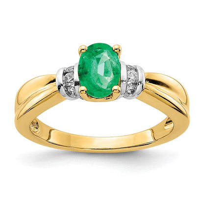 14K Gelbgold Ring mit rhodiniertem echten Diamant und ovalem Smaragd