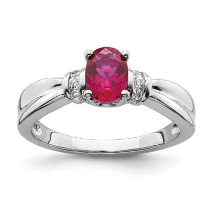 14K Weißgold Ring mit echtem Diamant und ovalem Rubin