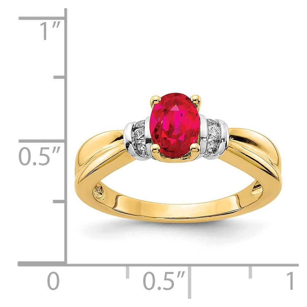 14K Gelbgold und Rhodium Ring mit ovalem echtem Diamant und ovalem Rubin