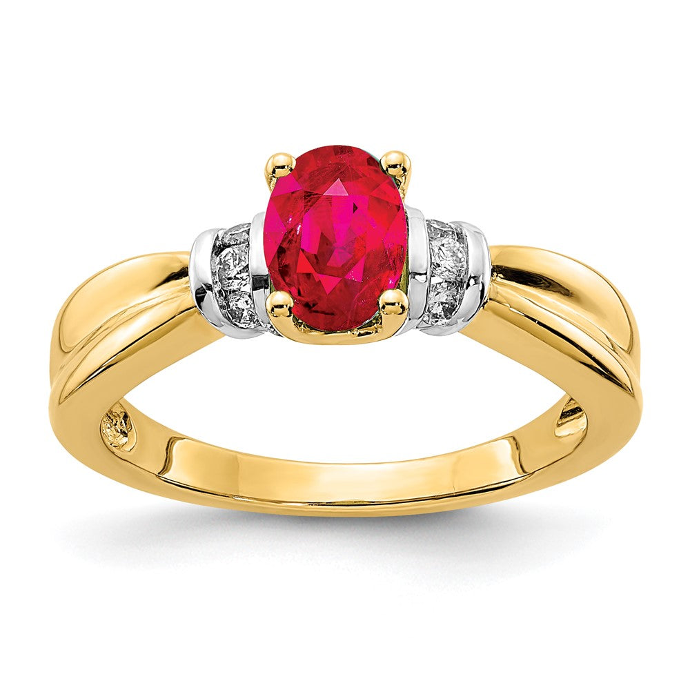 14K Gelbgold und Rhodium Ring mit ovalem echtem Diamant und ovalem Rubin