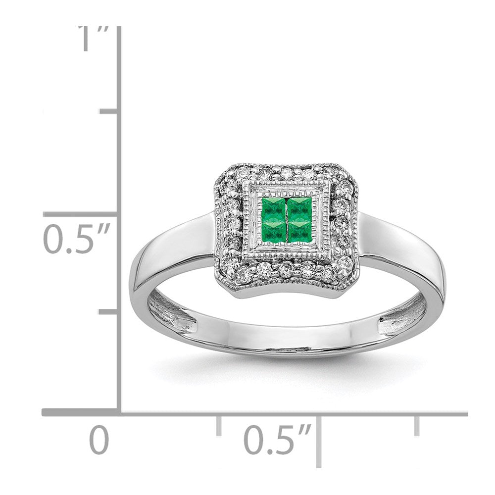 14K Weißgold Ring mit quadratischem Design, Smaragd und echten Diamanten