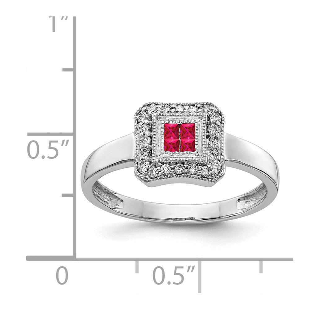 14K Weißgold Ring mit quadratischem Design, Rubin und echten Diamanten