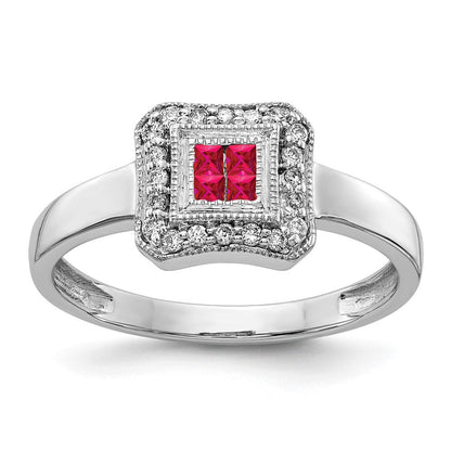 14K Weißgold Ring mit quadratischem Design, Rubin und echten Diamanten