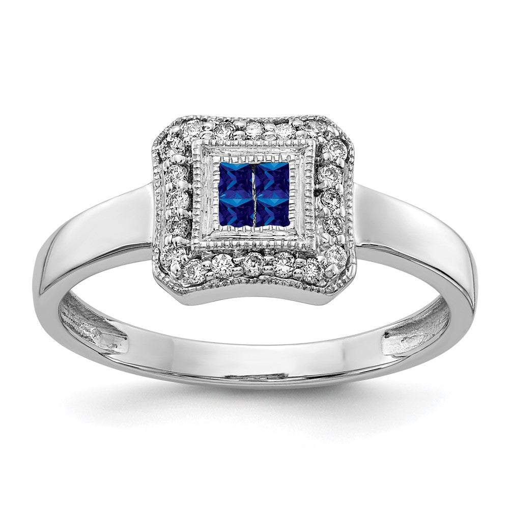 14K Weißgold Ring mit quadratischem Design, Saphir und echten Diamanten