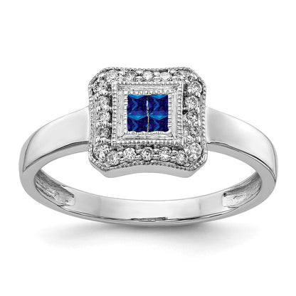 14K Weißgold Ring mit quadratischem Design, Saphir und echten Diamanten
