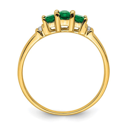 14K Gelbgold polierter Ring mit dreifachem Smaragd und echten Diamanten im 3-Stein-Design