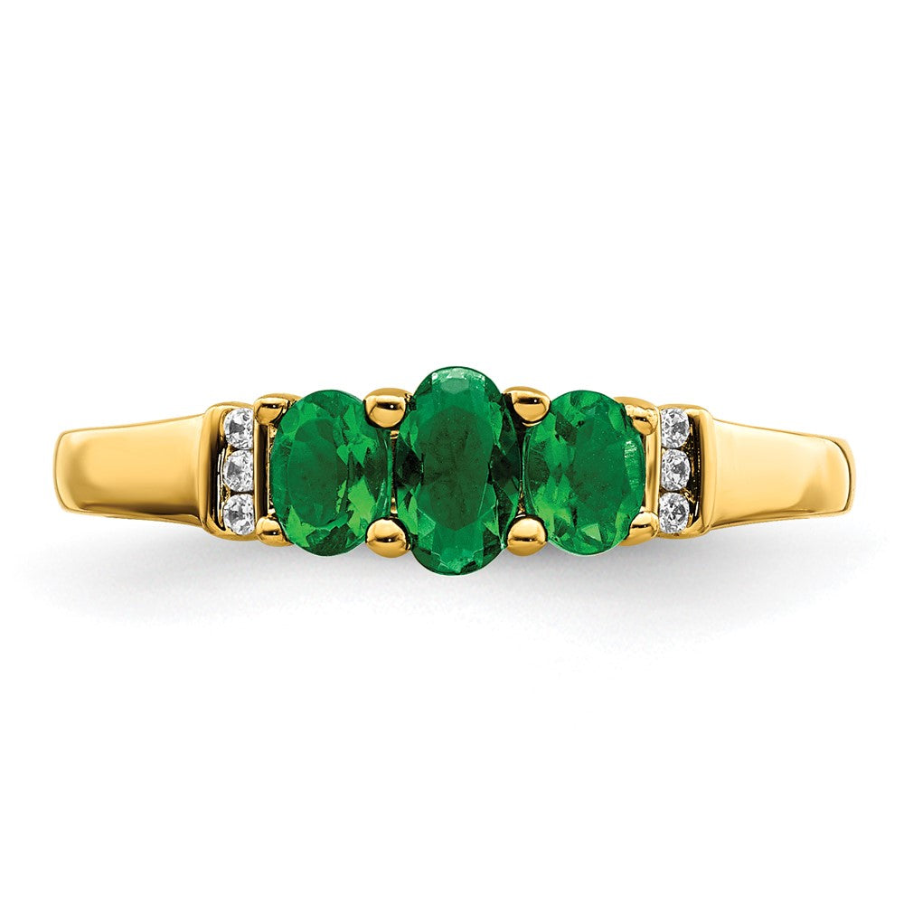14K Gelbgold polierter Ring mit dreifachem Smaragd und echten Diamanten im 3-Stein-Design