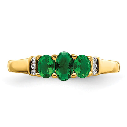 14K Gelbgold polierter Ring mit dreifachem Smaragd und echten Diamanten im 3-Stein-Design
