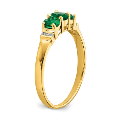 14K Gelbgold polierter Ring mit dreifachem Smaragd und echten Diamanten im 3-Stein-Design