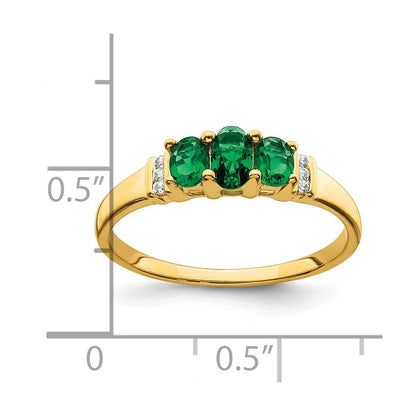 14K Gelbgold polierter Ring mit dreifachem Smaragd und echten Diamanten im 3-Stein-Design