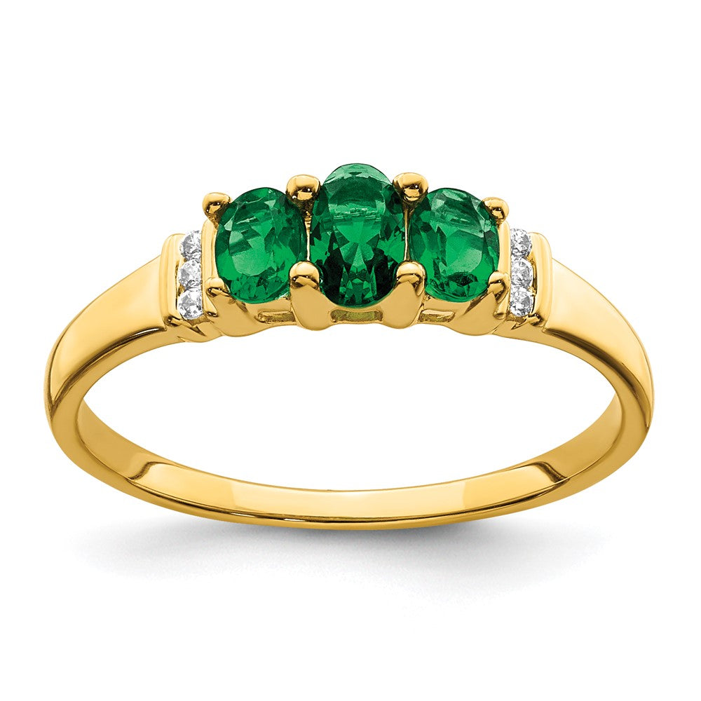 14K Gelbgold polierter Ring mit dreifachem Smaragd und echten Diamanten im 3-Stein-Design