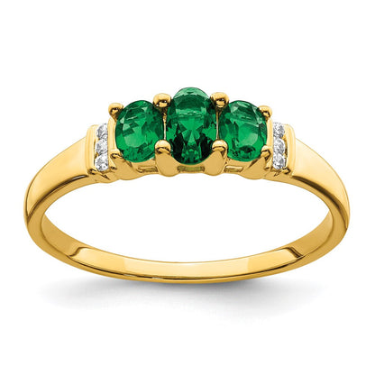 14K Gelbgold polierter Ring mit dreifachem Smaragd und echten Diamanten im 3-Stein-Design