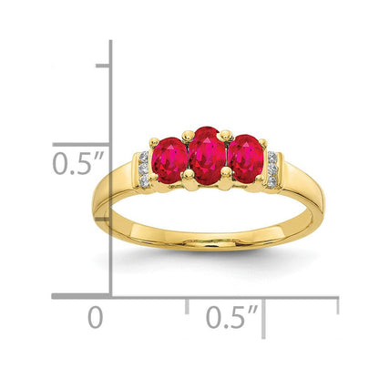 10K Gelbgold Poliert Dreifach Rubin und Diamant 3-stone Ring